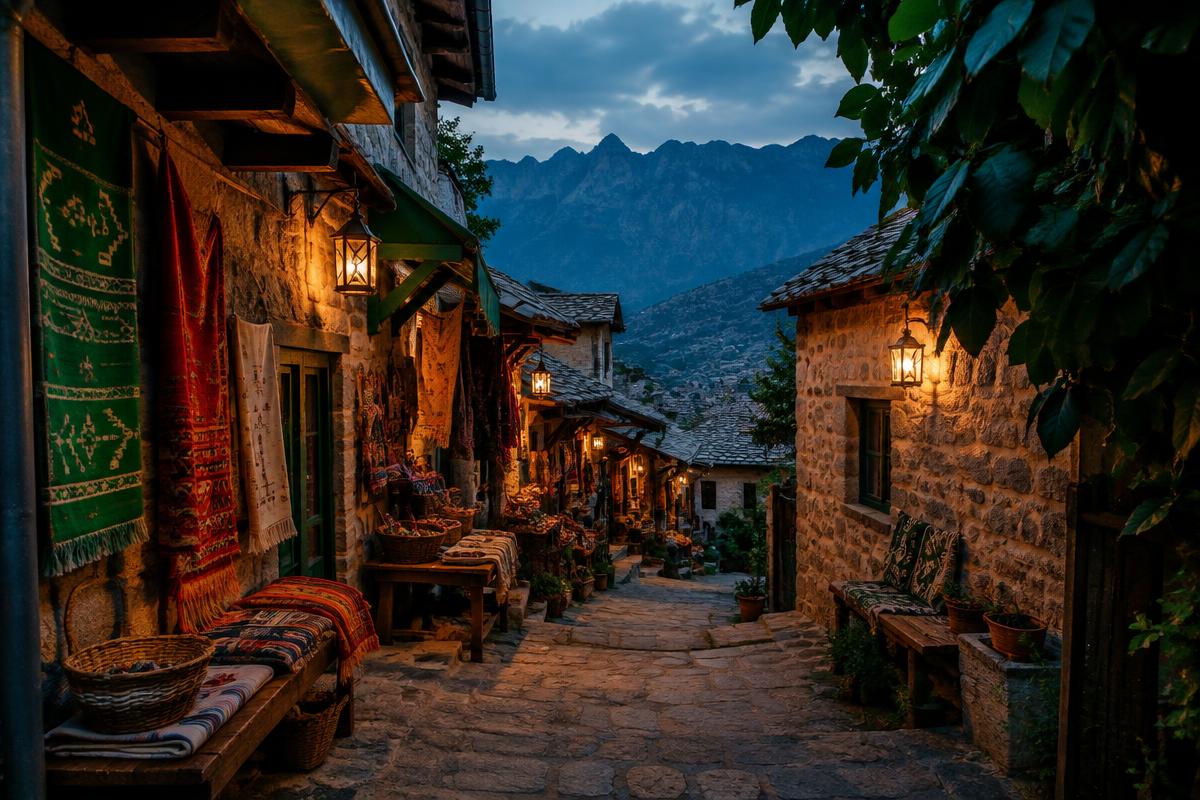 Lantern-lit mountain village market